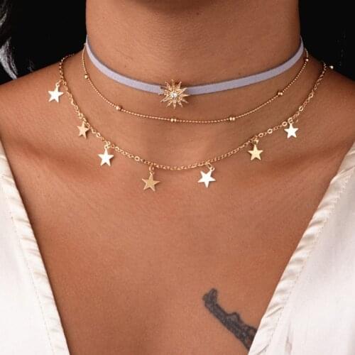 KMVEXO Summer Style Velvet 3 Layers Stars Chokers Necklace Women 2019 Fashion Jewelry Boho Rhinestone Collar Necklace Bijouterie