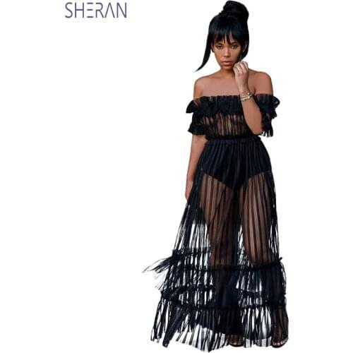 Women Sexy Long Dress Shoulder Slash Neck Sheer Mesh Striped Maxi Dress Black See Through Summer Dress Plus Size Party Vestidos