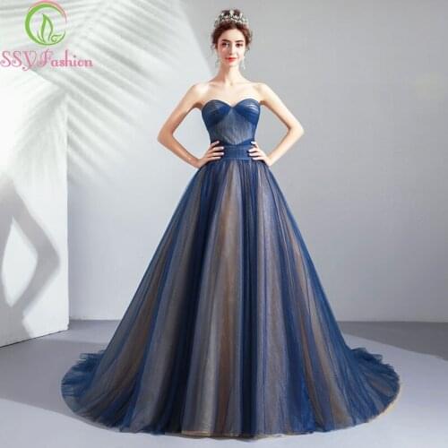 SSYFashion 2019 New Banquet Simple Prom Dress Sweeatheart Sleeveless Long Tail Navy Blue Sexy Evening Party Gown Robe De Soiree