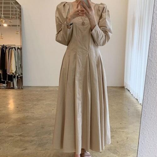 French Vintage WomenS Dress Fall 2020 Korean One-Piece A-Line Square Neck Puff Sleeve Slim Waist Pleated Dress Black Long Dress
