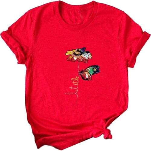 2021 new Women Casual T shirts O Neck Short Sleeve Flower Butterfly Print Loose Top Summer T-shirt