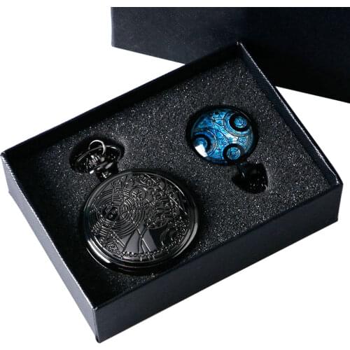 3pcs/Set Watch Sets Vintage Black Time Lord Seal Quartz Pocket Watch Necklace Fob Chain Box Christmas Gifts for Men Women Kids