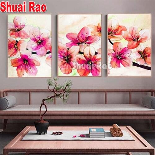 5d diy diamond painting abstract pink flower 3 piece full square round diamond embroidery triptych diy craft supplies decor