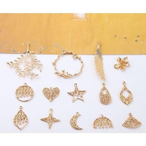 6pcs Copper Plated Color Retention Leaves Flowers Womens Earrings Stars Moon Love Bird Cage Pendant for Jewelry Making Diy