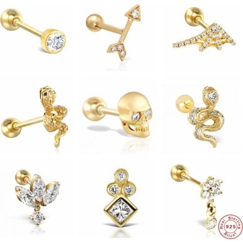 Aide 925 Sterling Silver White CZ Crystal Flower Stud Earrings For Women Rock Punk Skull Snake Arrow Cartilage Ear Stud Jewelry