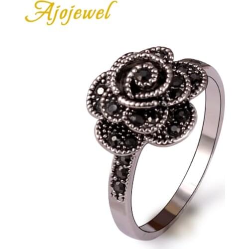 Ajojewel #7-9 Womens Antique Vintage Rings With Black Crystal Flower Jewelry Bijoux Cute Gift