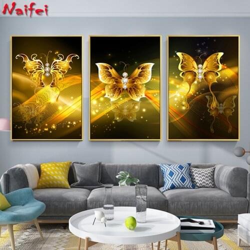 European style 5d diamond painting light luxury golden butterfly triptych diamond mosaic home decor diamond embroidery