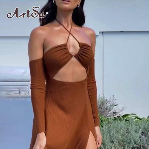 Artsu Elegant Halter Sexy Split Midi Dress Women Brown Cut Out Backless Sleeveless Club Party Lace Up Dresses Outfits Y2K
