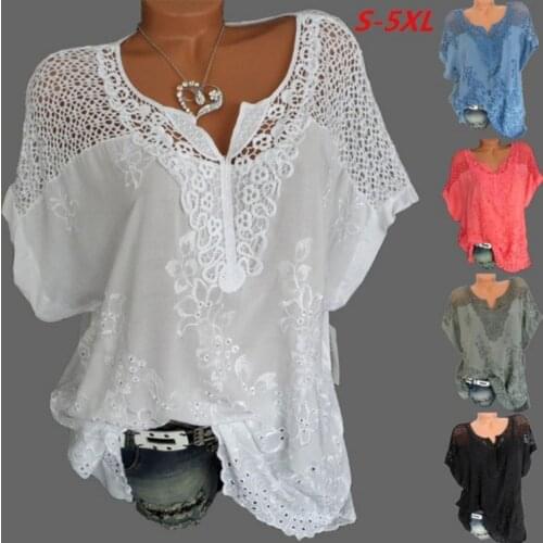 Large Size Loose Short-Sleeved Lace Women Blouses Cotton Blouses 2021 Summer Shirt Tops Sexy Fashion Women Shirt