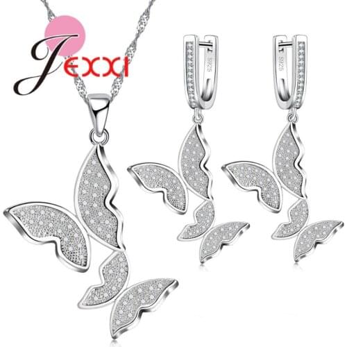 Brand Bridal Wedding Jewelry Sets Two Butterfly Necklace Earrings Engagement Accessories 925 Sterling Silver Women Set