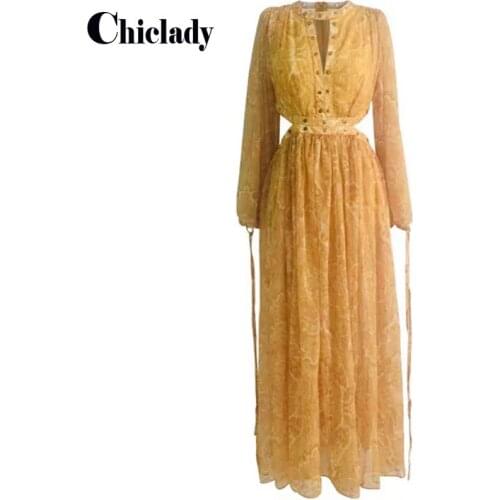 CHICLADY gold printed stand collar hollow out maxi lantern sleeve maxi dress for women party celebrity rivet robe hiver mujer za