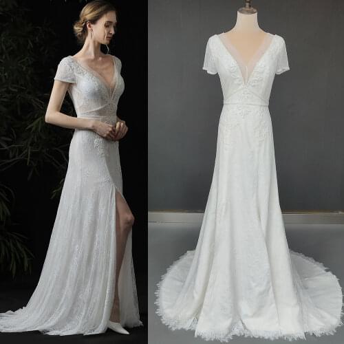 Gypsy Beach Boho Wedding Dress V Neck Cap Sleeve Backless Lace Bohemian High Split Bridal Gown Luxury Applique Bead Costume 982