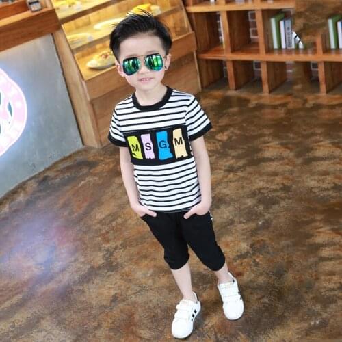 Children Set 2020 summer new childrens two-piece boy cotton stripe short sleeve + pant 2pcs sets
