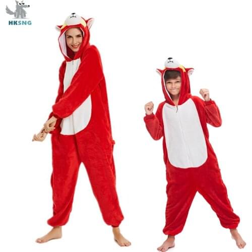 Flannel Adult Kigurumi Red Fox Onesie Cartoon Pajama Animal Halloween Party Costume Jumpsuits Hooded Pyjamas Suit Outfit