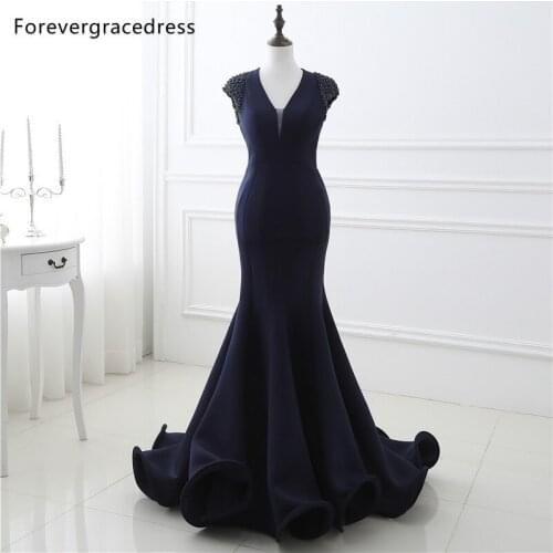 Forevergracedress Real Photos Long Navy Blue Evening Dress Elegant V Neck Backless Formal Party Gown Plus Size Custom Made