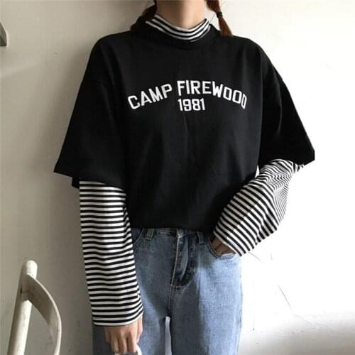 Faux Two-Pieces T-shirts for Women Chic Casual Loose Shirts Ladies Two-Pieces Turtle Neck Tops Korean Style Female Long Sleeves