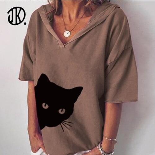 Fashion Cat Head Print Tshirt Cotton Linen Loose Casual Clothing Hooded T-shirt Tee Femme Plus Size Spring Half Sleeve Pullovers