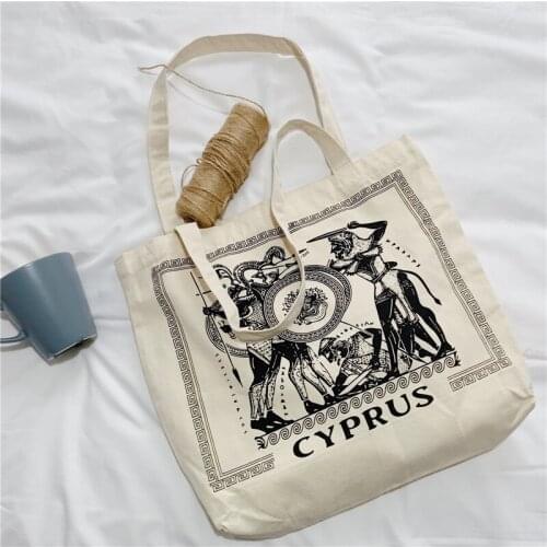 Women Canvas Shoulder Bag Greek illustration Cyprus Female Vintage Cotton Cloth Handbag Totes Eco Simple Shopping Bag For Girls