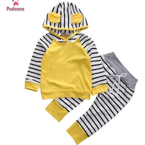 2 Pieces Infant Newborn Clothes Set Baby Boy Girl Outfits Striped Hooded Hoodies and Long Pants Sets Autumn Winter