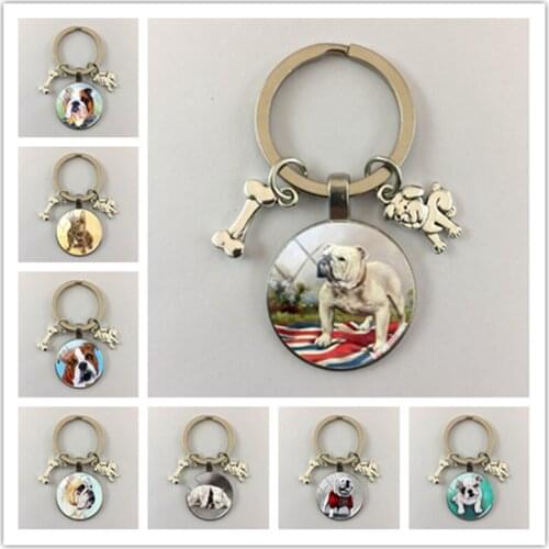 Fashion Bulldog Keychain English Bulldog Keychain Charm Round Handmade Craft Glass Dome Keychain Ladies Bag Keyring