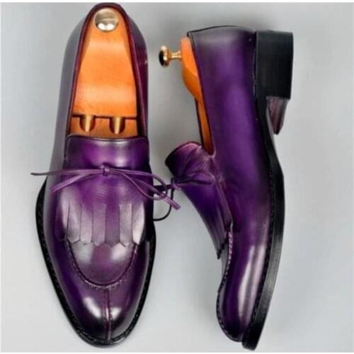 2021 New Men Fashion Business Casual Dress Shoes Classic Purple PU Tassel Bow Stitch Low-heel Comfortable Loafers KS234