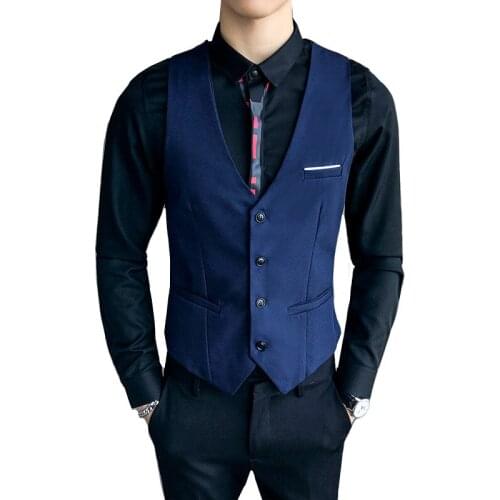 Mens Business Slim Fit Suit Vest / Male High Quality Gentleman Solid Color V-neck Waistcoat Asian Size M-5XL