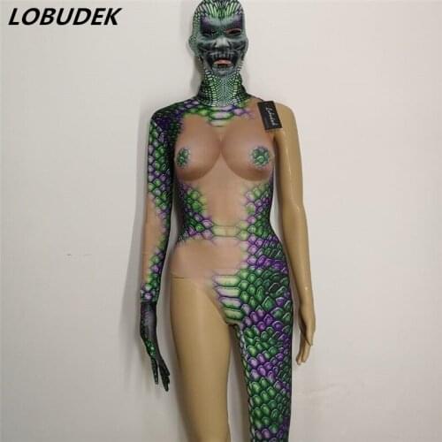 New Novelty Snake printing jumpsuit Men Women Leotard Elastic Rompers Cosplay Role costumes Nightclub Party performance clothing
