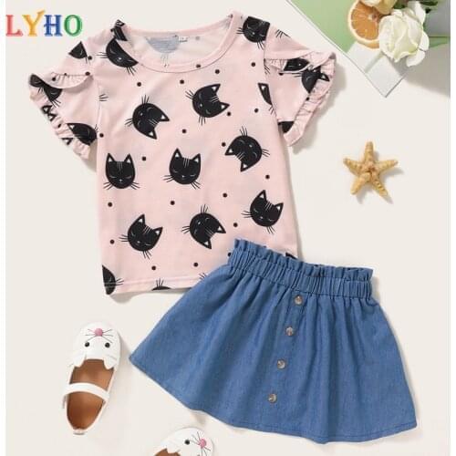 Toddler Girls Clothes Baby Girl Outfit Cute Kitten Pink T-Shirt Tops Blue Short Skirt Sets Infant Gift Clothing Suit Size 1-6Y