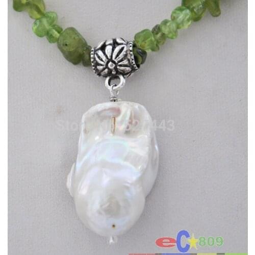 Wholesale 16" 30mm white baroque keshi reborn pearl pendant olivine NECKLACE