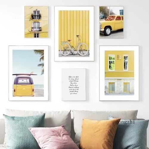 Nordic Surf Car Bicycle Bright Yellow Landscape Posters and Prints Wall Art Canvas Painting Pictures for Living Room Home Decor