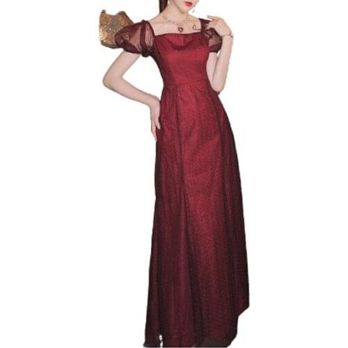 PERHAPS U Vintage Mesh Spliced Pure Square Collar PuffSleeve Bodycon Sheath Trumpet Mermaid Maxi Ankle Length Dress HolidayD3077