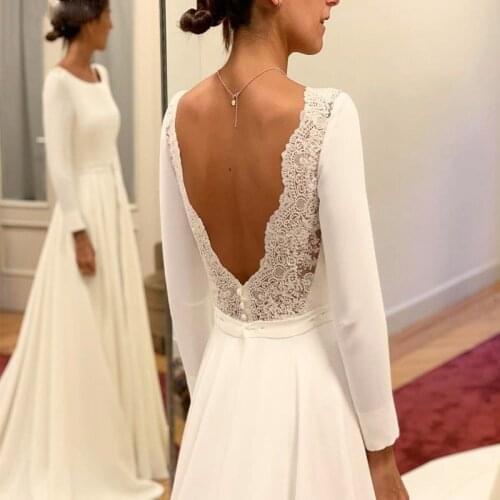 Simple Chiffon Bateau A Line Wedding Dresses Half Sleeves Open Back Bridal Dress Lace Appliques Wedding Gowns