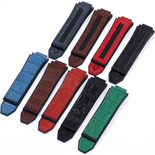 Cow bamboo leather with rubber silicone watchband watch band for Hublot strap for Big bang belt authentic 25*17mm