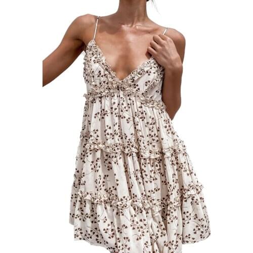 Sexy Women V Neck Boho Floral Print Ruffle Summer Dress Female Fashion Spaghetti Strap A Line Backless Dresses 2021 New