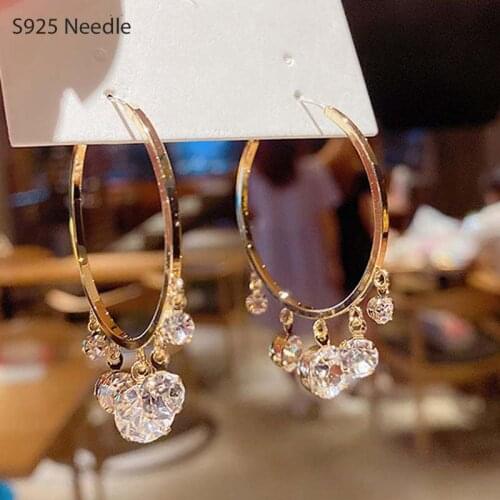 925 Sterling Silver Needle Hoop Earrings for Women Female Jewelry Clear Pink Purple Crystal Gold Large Hoop Tassel Earrings