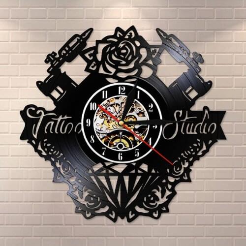 Tattoo Salon Tattoo Gun Flower Wall Art Tattoo Studio Vinly Record Wall ClockSilent Retro Clock Watch Home Decor Tattooist Gift