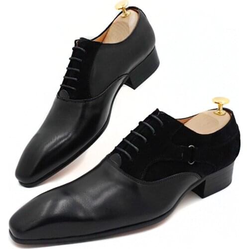 Elagant Men Oxford Shoes Lace up Pointed Toe Black Brown Formal Men Dress Shoes wedding Office Suede Patchwork Leather Shoes Men