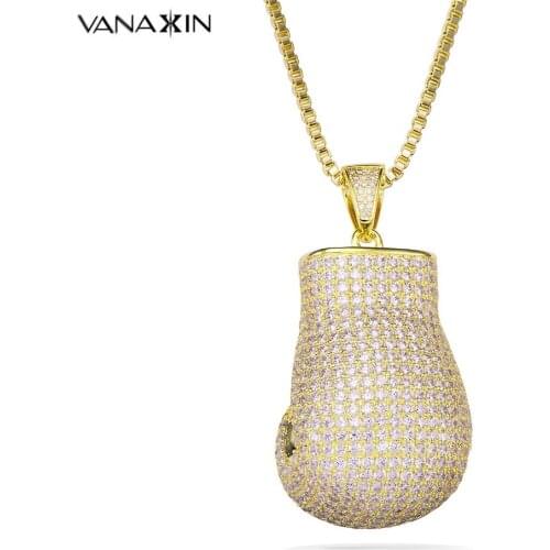 VANAXIN Micro Paved CZ Bling Bling Punk Boxing Glove Necklaces&Pendants Charm Fashion Sport Fitness Jewelry Crystal Men Necklace