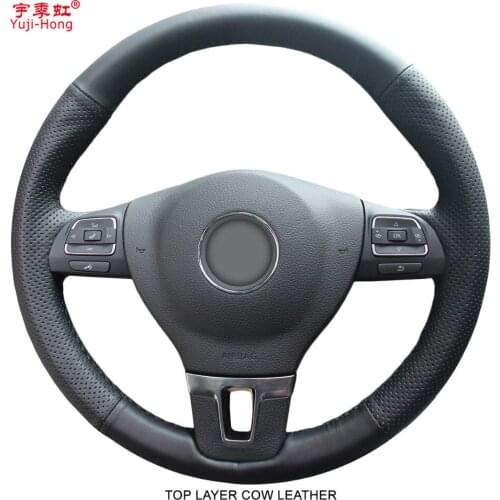 Yuji-Hong Top Layer Genuine Cow Leather Steering Wheel Covers Case for Volkswagen VW CC Tiguan Passat Touran Golf 6 Hand-stitch