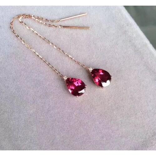 Gemstone jewelry 18K rose gold with real garnet drop earring line tear drop shape fine women jewelry free shipping diamond