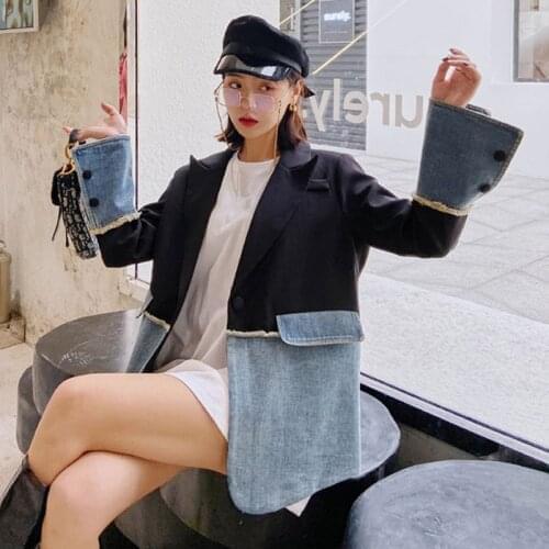VOOCIEC 2020 New spring Women Denim jacket women coat high quality Lapel Patchwork Denim Blazer Fashion Casual Women Clothing