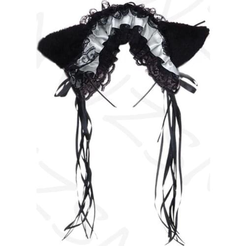 Women Ruffles Lace Headband Plush Cat Ears Ribbon Bell Lolita Cosplay Hair Hoop 23GE