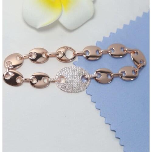 SLJELY High Quality Pure 925 Sterling Silver Yellow Gold Color Sailor Coffee Bean Chain Bracelet Micro Zirconia Stones for Women