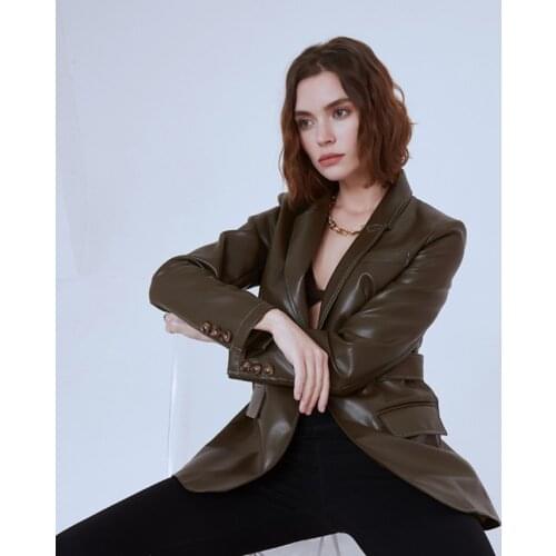 2021 New Original Design Single Button Leather Suit Jacket Women Coats Classic Peaked Lapel Mid-Length PU Faux Leather Blazers