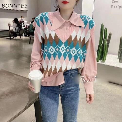 Sweat Vest Women Plus Size 3XL Argyle V-neck Pink Korean Style All-match Fashion Classic Design Loose-fitting Popular Autumn New