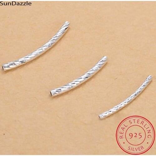 2pcs Genuine Real Pure Solid 925 Sterling Silver Connector Engraved Curved Tube Silver Long Beads DIY Jewelry Making Findings