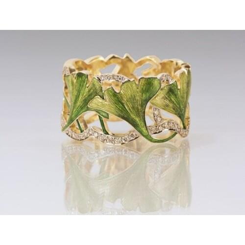 2019 New Arrival Luxury Zircon Crystal Enamel Ginkgo Leaf Rings For Women Luxury Wedding Engagement Jewelry Gifts Accessories