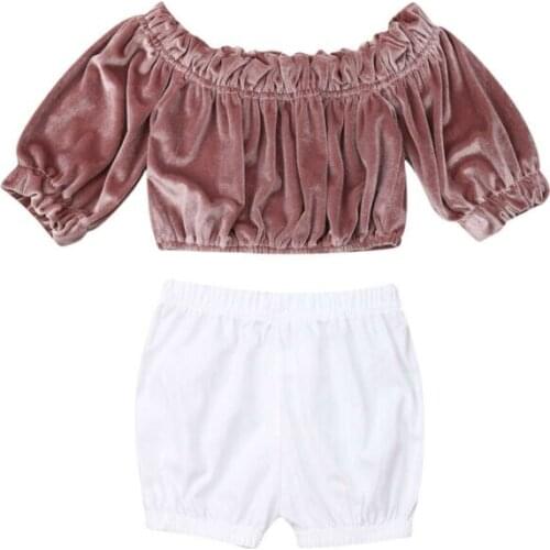Boutique Girl Clothes 2pcs Newborn Toddler Kids Baby Girl Gold velvet Clothes Off Shoulder Tops+Shorts Outfits Set