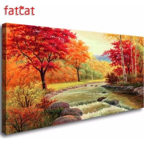 FATCAT Large 5D Diy Diamond Painting Red woods landscape River Full square round Drill Diamond Embroidery Sale Mosaic Kits AE726