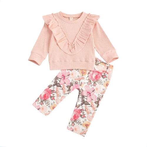 FOCUSNORM 0-4Y Autumn Baby Girls Clothes Sets 2pcs Ruffles Long Sleeve Pullover Tops Floral Pants Outfits